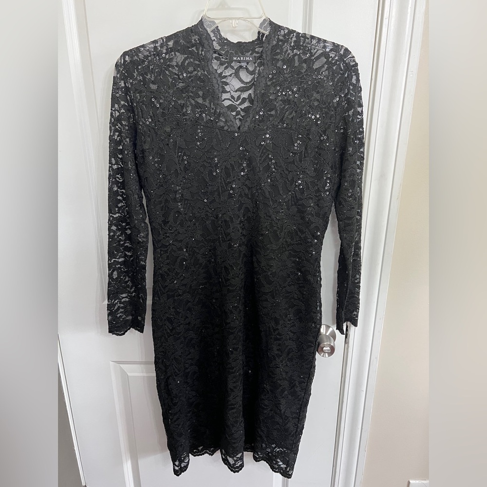 MARINA Black V-Neck Long Sleeve Sheath Dress - Brand New Never Worn